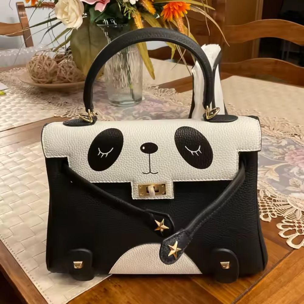 Black and White genuine leather mini Panda Design Handbag - Picture 6 of 14